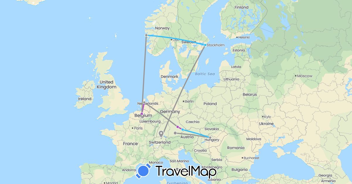 TravelMap itinerary: driving, plane, train, boat in Belgium, Switzerland, Germany, Hungary, Netherlands, Norway, Sweden (Europe)